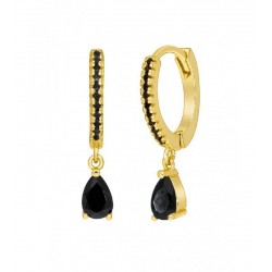 PENDIENTES MUJER MAREA PLATA DE LEY 925 ARO 2X14 MM CHAPADO DORADO CON CIRCONITAS COLOR NEGRO COLGANTE CON PIEDRA NEGRA LARGO TO