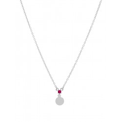 GARGANTILLA MUJER MAREA PLATA DE LEY 925 COLGANTE CHAPA REDONDA 7X7 MM CON PIEDRA FUCSIA LARGO AJUSTABLE 38-42 CM