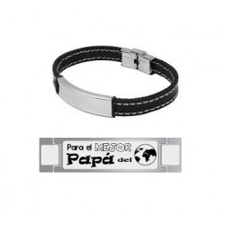 PULSERA LESTOR ACERO  Y PIEL TRENZADA NEGRA PLACA CON FRASE - PARA EL MEJOR PAPÁ DEL MUNDO - (1)