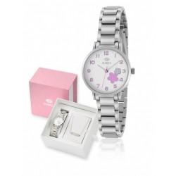 RELOJ MAREA NIÑA CAJA 26 MILÍMETROS ESFERA CON DETALLE CORAZÓNES ESMALTADO ROSA Y PURPURINA CADENA ACERO AJUSTABLE REGALO PULSER