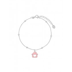 PULSERA MAREA NIÑA PLATA DE LEY 925 RODIADA D02403/AK CASITA 10 MILÍMETROS ESMALTE ROSA CADENA BOLAS LARGO AJUSTABLE 16-19 CENTÍ