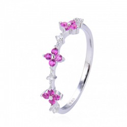 ANILLO MUJER PLATA DE LEY 925 TRES FLORES CIRCONITAS FUCSIAS Y CIRCONITAS BLANCAS