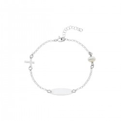 PULSERA ESCLAVA INFANTIL PLATA DE LEY 925 PLACA CENTRAL 6X19 MILÍMETROS CON CRUZ Y PERLA BLANCA LARGO 16-19 CENTÍMETROS
