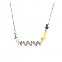 GARGANTILLA BABOY JOYAS PLATA DE LEY 925 FRASE MAMÁ CON ÁGATAS AZUL Y ROSAS Y CORAZÓN LISO BRILLO LARGO AJUSTABLE 40-45 CENTÍMET