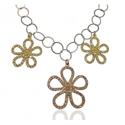 COLLAR PLATA DE LEY 925 CADENA ESLABONES REDONDOS CON FLORES DE COLORES 42 CENTÍMETROS