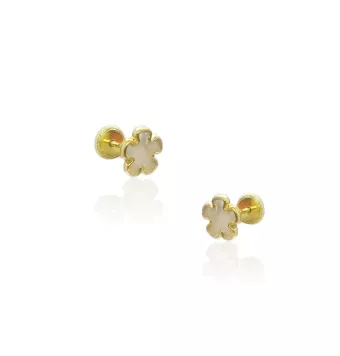PENDIENTES NIÑA ORO AMARILLO 18 KILATES FLOR DE CINCO PÉTALOS CON FONDO NÁCAR BLANCO 6.5 MILÍMETROS CIERRE TORNILLO