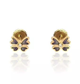 PENDIENTES NIÑA ORO AMARILLO 18 KILATES MARIPOSA CON CIRCONITA BLANCA Y ESMALTE AZUL/MALVA 5X6 MILÍMETROS CIERRE TORNILLO