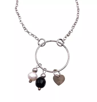 PULSERA MUJER PLATA DE LEY 925 CIRCULO EN EL CENTRO CON 3 COLGANTES CORAZÓN PERLA Y PIEDRA NEGRA FACETADA LARGO 18 CENTÍMETROS