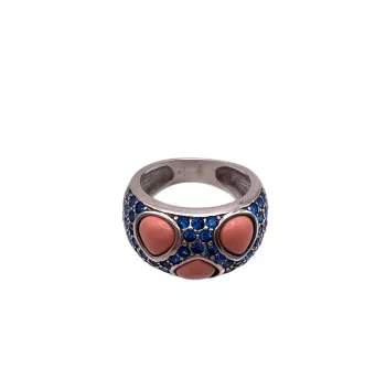 ANILLO MUJER PLATA DE LEY 925 ANCHO CON PIEDRAS LÁGRIMA COLOR CORAL Y PIEDRAS AZULES