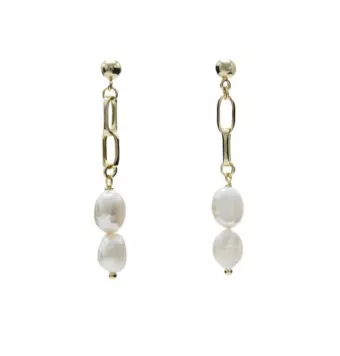PENDIENTES LARGOS LINEARGENT MUJER PLATA DE LEY 925 CHAPADO EN DORADO CON DOS PERLAS NATURALES 43X6 MILÍMETROS