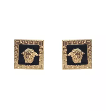 PENDIENTES ORO BICOLOR 18 KILATES CUADRADO BORDE GRECA MEDUSA CON ESMALTE NEGRO 14 MILÍMETROS CIERRE PRESIÓN