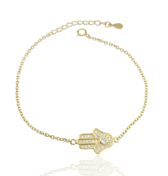 PULSERA MUJER PLATA DE LEY 925 CHAPADO DORADO FORZADA MANO DE FÁTIMA CIRCONITAS BLANCAS LARGO AJUSABLE 17-20 CENTÍMETROS
