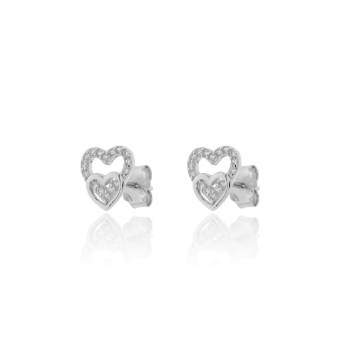 PENDIENTES MUJER PLATA DE LEY 925 RODIADA DOS CORAZONES LISO Y CIRCONITAS BLANCAS 9X8 MILÍMETROS CIERRE PRESIÓN