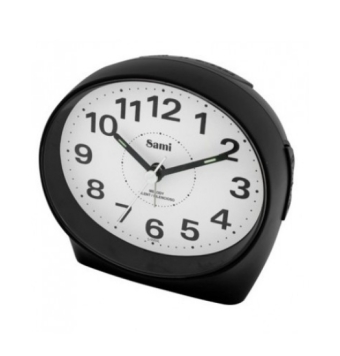 RELOJ DESPERTADOR SAMI SILENCIOSO LUZ LED  MELODIAS NATURALEZA REPETICIÓN 5 MINUTOS 10X10.5 OVALADO COLOR NEGRO