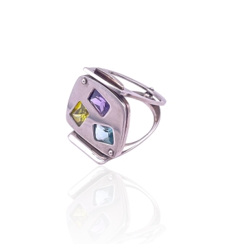 ANILLO DISEÑO MUJER PLATA DE LEY 925 3 PIEDRAS AMARILLA AZUL Y LILA