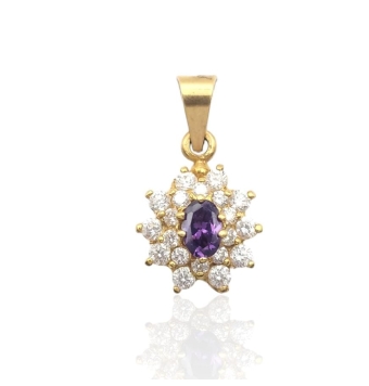 COLGANTE MUJER ORO AMARILLO 18 KILATES ROSETÓN CIRCONITAS BLANCAS Y PIEDRA AMATISTA EN EL CENTRO 13X14 MILÍMETROS