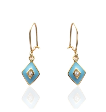 PENDIENTES GANCHO HIPPIE ROMBO CON ESMALTE AZUL Y CIRCONITA ORO AMARILLO 18 KILATES