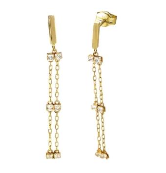 PENDIENTES LARGOS MUJER ORO AMARILLO 18 KILATES ENGANCHE TUBO CUADRADO CON DOBLE CADENA CON CIRCONITAS BLANCAS LARGO TOTAL 35 MI