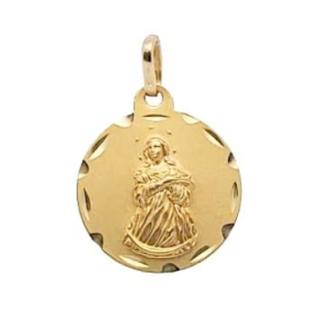 COLGANTE MEDALLA VIRGEN DE LA INMACULADA ORO AMARILLO 18 KILATES REDONDA 22 MILÍMETROS MATE Y BORDE TALLADO