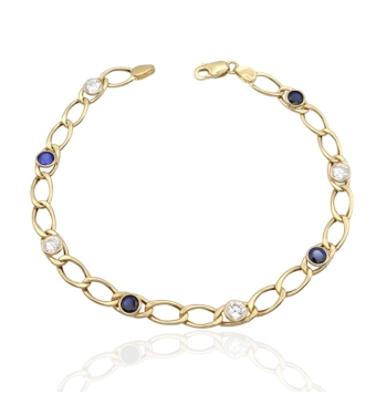 PULSERA MUJER ORO AMARILLO 18 KILATES ESLABONES HUECOS BILBAINA CON 8 PIEDRAS AZULES Y BLANCAS LARGO 18 CENTÍMETROS