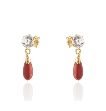 PENDIENTES NIÑA/MUJER ORO AMARILLO 18 KILATES CIRCONITA BLANCA 5 MILÍMETROS 6 GARRAS Y CORAL ROJO FORMA DE PERITA LARGO 19 MILÍM