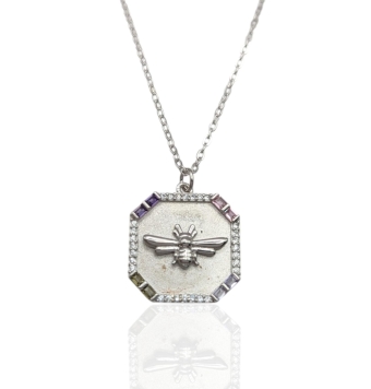 GARGANTILLA MUJER PLATA DE LEY 925 COLGANTE GEOMÉTRICO ABEJA CIRCONITAS BLANCAS Y PIEDRAS COLORES MALVA ROSA VERDE Y LILA CADE
