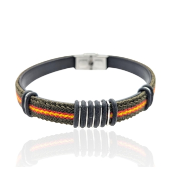 PULSERA ESPAÑA LESTOR HOMBRE ACERO NYLON COLOR VERDE OSCURO ROJO Y AMARILLO Y PIEL