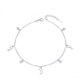 PULSERA MUJER PLATA DE LEY 925 DELFINES Y CHATONES CIRCONITAS BLANCAS LARGO AJUSTABLE 19-21 CENTÍMETROS