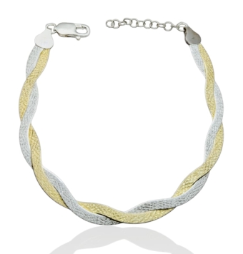 PULSERA MUJER PLATA DE LEY 925 COLA DE RATÓN PLANA DOBLE TRENZADA PLATA E IP DORADO LARGO AJUSTABLE 19-22 CENTÍMETROS CIERRE MOS