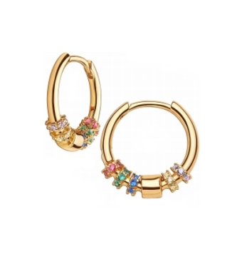 PENDIENTES ARO MUJER PLATA DE LEY 925 CHAPADO DORADO CON CIRCONITAS ENGASTADAS DE VARIOS COLORES 14 MILÍMETROS
