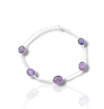 PULSERA PLATA DE LEY 925 CON 5 PIEDRAS AMATISTA OVALADAS FACETADAS BOCELADAS 11X8 MILÍMETROS UNIDAS CON CADENA BARBADA LARGO AJU