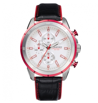 RELOJ VICEROY HEAT CRONÓGRAFO HOMBRE CORREA PIEL NEGRA CON LOS EXTREMOS EN ROJO CAJA ACERO DIÁMETRO 44 MM BISEL DE ALUMINIO ROJO