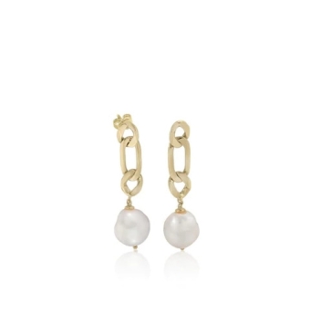 PENDIENTES LARGOS LINEARGENT  PLATA DE LEY 925 CHAPADO DORADO FORMA DE ESLABONES CON PERLA BLANCA AL FINAL  LARGO TOTAL 45 MILÍM