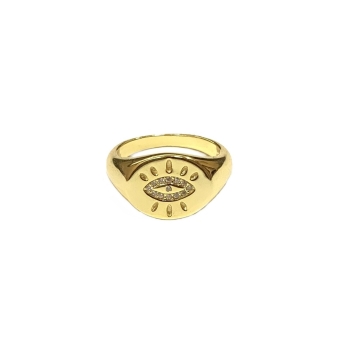 ANILLO MUJER PLATA DE LEY 925 CHAPADO DORADO FORMA DE SELLO CON OJO TURCO Y CIRCONITAS ENGASTADAS