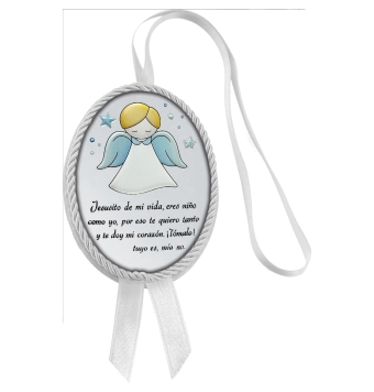 MEDALLÓN PLATA BILAMINADA 11X8 CENTÍMETROS MUSICAL AZUL FRASE ÁNGEL DE LA GUARDA ESMALTE COLOR