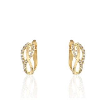 PENDIENTES MUJER ORO AMARILLO 18 KILATES TRES BARRAS CRUZADAS LISA Y CIRCONITAS BLANCAS 5.5X14 MILÍMETROS CIERRE CATALÁN