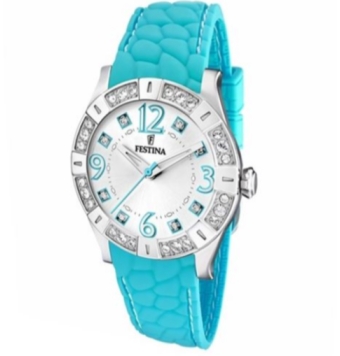 Reloj Festina mujer correa silicona azul caja acero bisel circonitas esfera blanco nacar circonitas