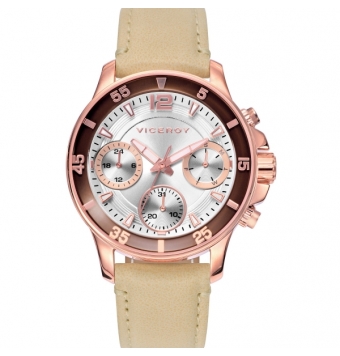 Reloj Viceroy Multifunción Mujer correa piel beige caja acero chapado rosado esfera blanca