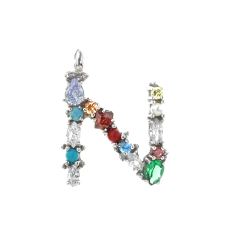 COLGANTE PLATA PIEDRA MULTICOLOR LETRA N