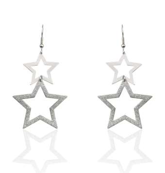 PENDIENTES JLO RODIO DOBLE ESTRELLA BRILLO Y DIAMANTADO 4X7 CENTIMETROS CIERRE HIPPIE