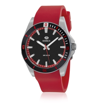 RELOJ MAREA HOMBRE ANALOGICO CORREA SILICONA ROJO CAJA METAL NICKEL FREE 43 MILÍMETROS ESFERA NEGRA DETALLES ROJOS Y GRIS