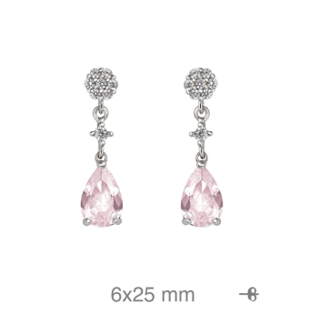 PENDIENTES LARGOS MUJER PLATA DE LEY 925 CIRCONITA FORMA DE LÁGRIMA ROSA PALO TRES GARRAS ROSETÓN CIRCONITAS BLANCAS 6X25 MILÍME