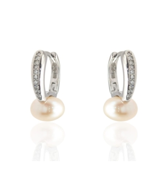PENDIENTES PLACARI MUJER PLATA DE LEY 925 ARO 2X15 MILÍMETROS CIRCONITAS BLANCAS CON PERLA BLANCA CIERRE HUGGY
