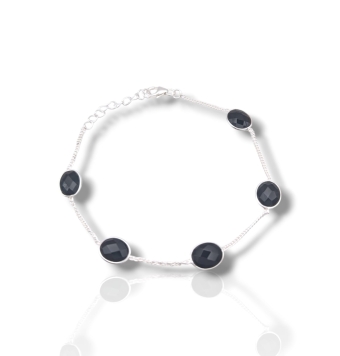 PULSERA MUJER PLATA DE LEY 925 CON 5 PIEDRAS OVALADAS FACETADAS NEGRAS BOCELADAS TRES CENTRADAS Y DOS LATERALES UNIDAS CON CADE