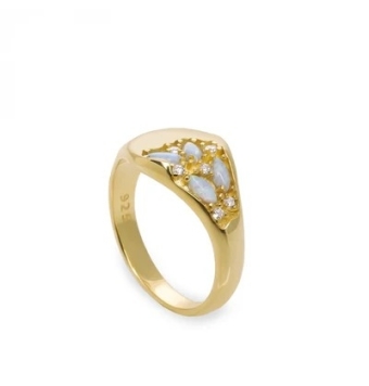 ANILLO LINEARGENT PLATA DE LEY 925 CHAPADO DORADO ESTILO SELLO CON DETALLE ÓPALOS AZULES
