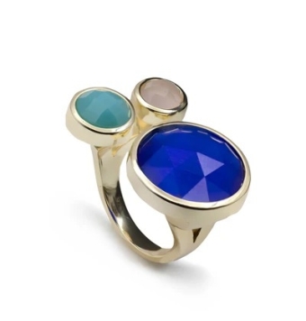 ANILLO MUJER PLATA DE LEY 925 CHAPADO DORADO CON TRES PIEDRAS EN COLOR ROSA TURQUESA Y AZUL ELÉCTRICO