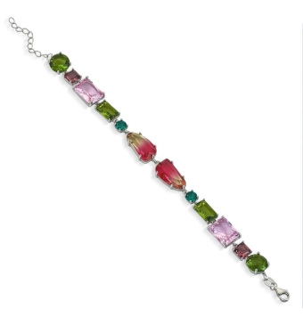 PULSERA MUJER PLATA DE LEY 925 BAÑO DE RODIO CUARZOS ADAMANTINOS ROSA ANTIGUO VERDE MALAQUITA Y VERDE PISTACHO LARGO AJUSTABLE