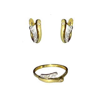 JUEGO COMUNION PENDIENTES Y ANILLO ORO BICOLOR FORMA V CIRCONITAS