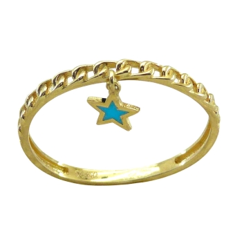 ANILLO MUJER ORO AMARILLO 18 KILATES FORMA ESLABONES CON COLGANTE ESTRELLA ESMALTADA AZUL