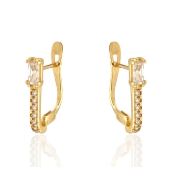 PENDIENTES MUJER ORO AMARILLO 18 KILATES PIEDRA RECTANGULAR BLANCA CUATRO GARRAS CON CIRCONITAS BLANCAS 13 MILÍMETROS CIERRE CAT